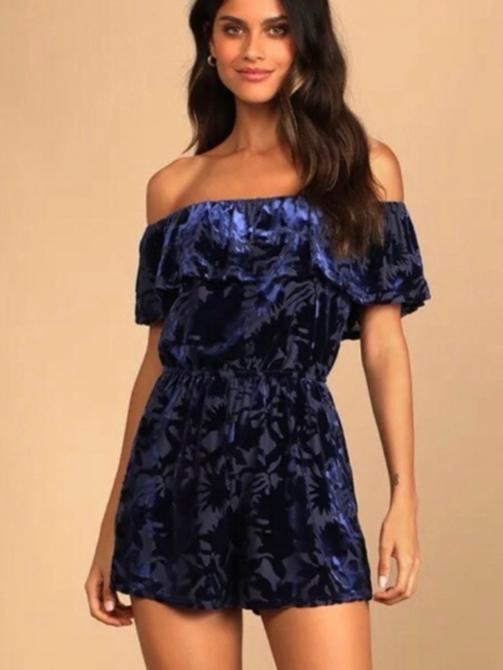 NWT Lulu’s Navy Burnout Velvet Off Shoulder Romper